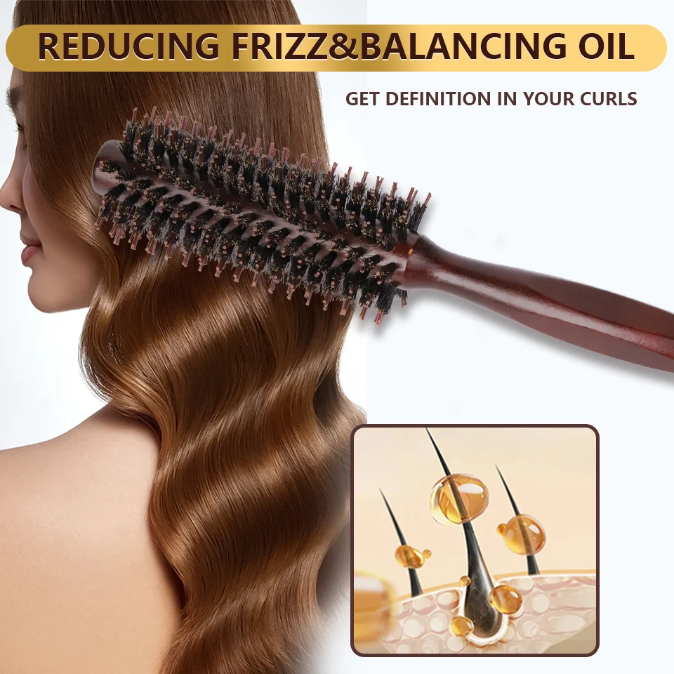 Wood Handle Round Rolling Brush Straight Twill Hair Comb Boar Bristle Round Barrel Hair Curling Brush Hairdressing Beauty Tools 5