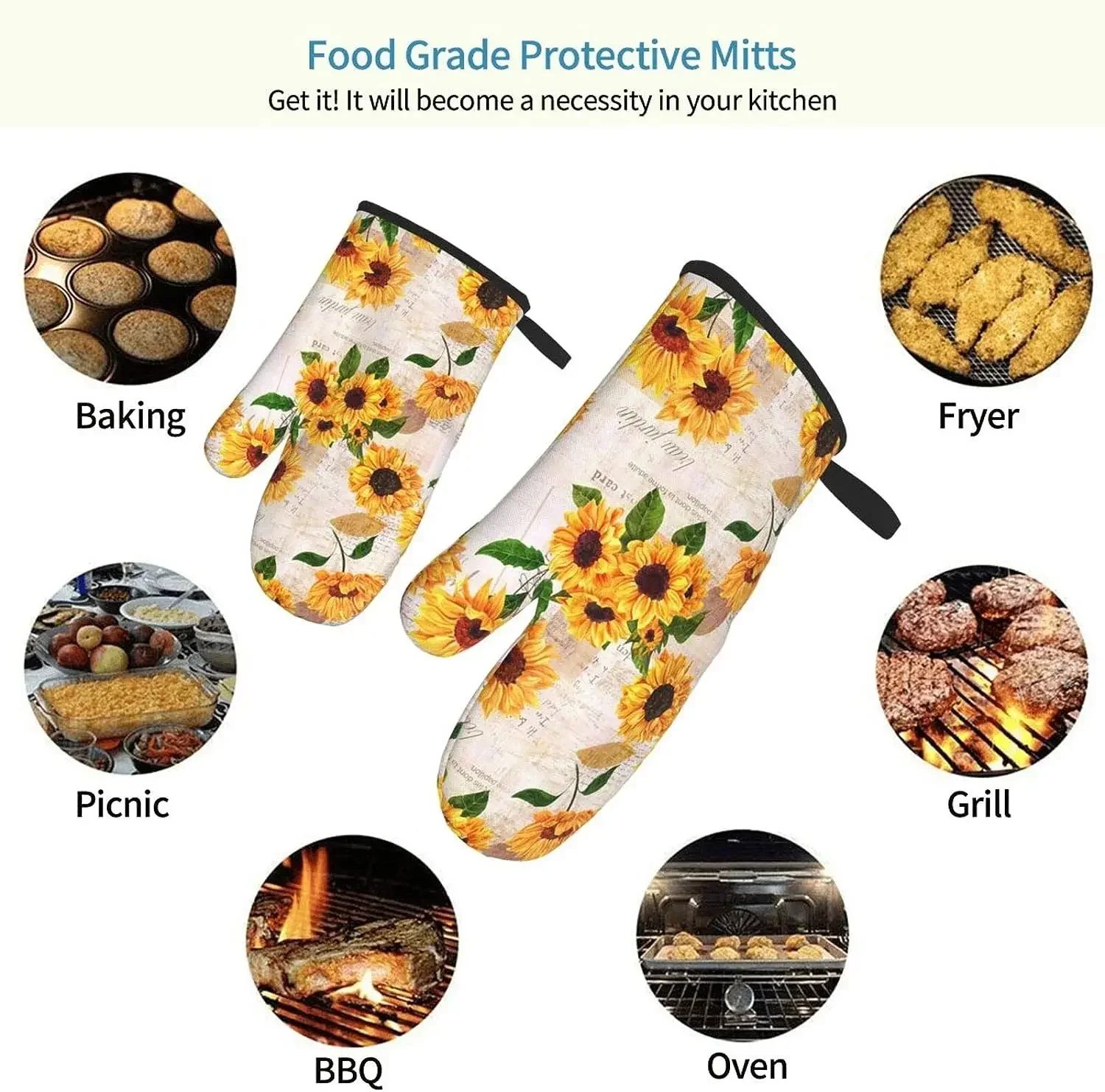 2pcs Sunflower Floral Print Oven Mitts Heat Resistant Kitchen Waterproof Gloves with Inner Cotton Layer For Cooking BBQ silicone oven mitts kitchen gloves cotton pot holders