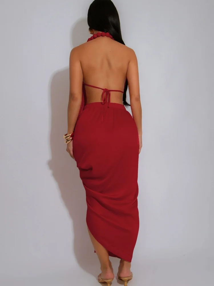 wmstar dress women wholesale Deep V neck beaded halter sexy high slit solid color pleated luxury birthday dress woman sexy