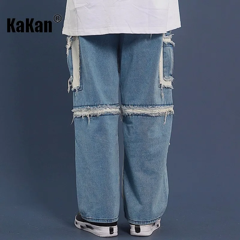 Kakan - European and American New Drop Feel Wide Leg Jeans for Men, Street Trend Loose, Shattered Cat Beard Splice Jeans 27-64