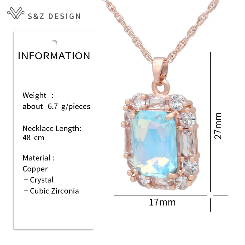 S&Z DESIGN New Fashion Rectangle Crystal Pendant Necklace For Women 585 Rose Gold Color Wedding Cubic Zirconia Jewelry Gift