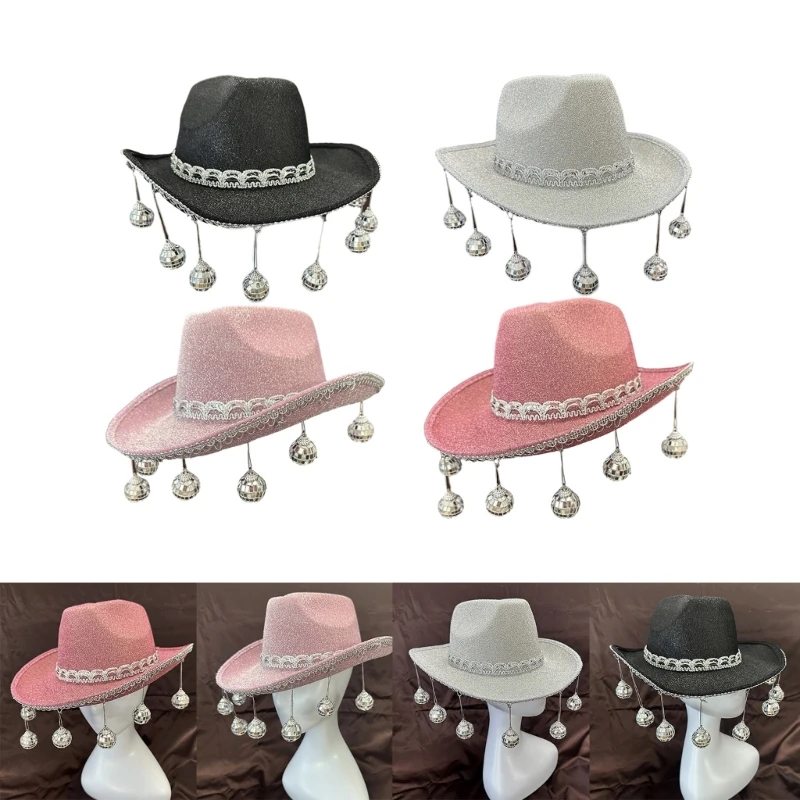 

Women Sparkly Glitter Cowboy Hat with Disco Balls Hanging Pendant Cowgirl Hat for Music Festival Carnival Party Club Photo Props