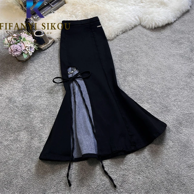 New Fashion Women's Denim Lace Mermaid Skirts Summer High Waist