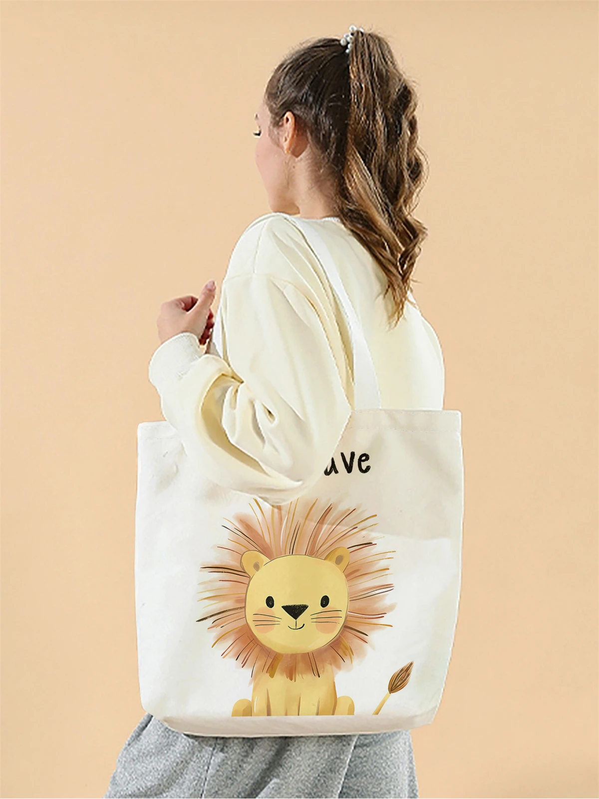 1pc,cartoon lion handbag, reusable fashionable handbag, multifunctional handbag, printed canvas shopping bag