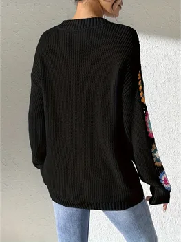 Elegant Solid Color Sweater With Embroidery Design, Unique Cuff Detail, Suitable For All Occasions 2