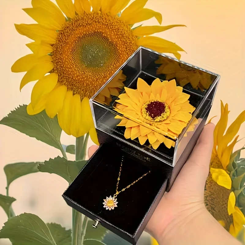 Elegante künstliche Sonnenblumen-Halskette und Geschenkbox – Gelbes und Blumenmuster, perfekt für Geburtstage, Hochzeiten, Muttertag, Weihnachten