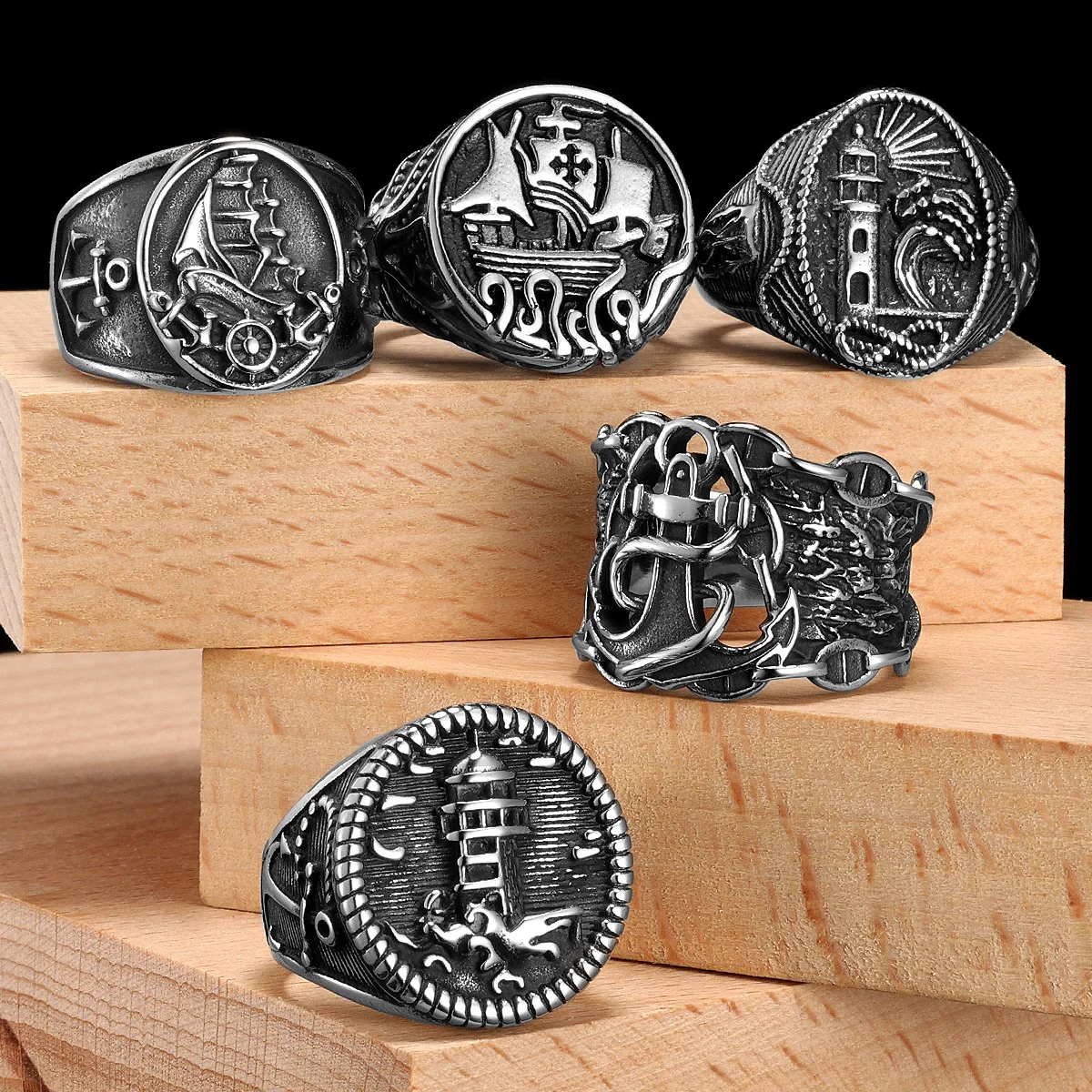 Anchor Lighthouse Ocean Sailor Ring - Stainless Steel Vintage Punk Fashion Jewelry Gift