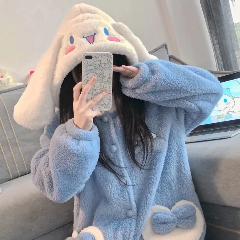 

New Homewear Set Kawaii Cute Sanrio Creative Cinnamoroll Winter Thickened Plush Warm Cartoon Pajamas Birthday Gift