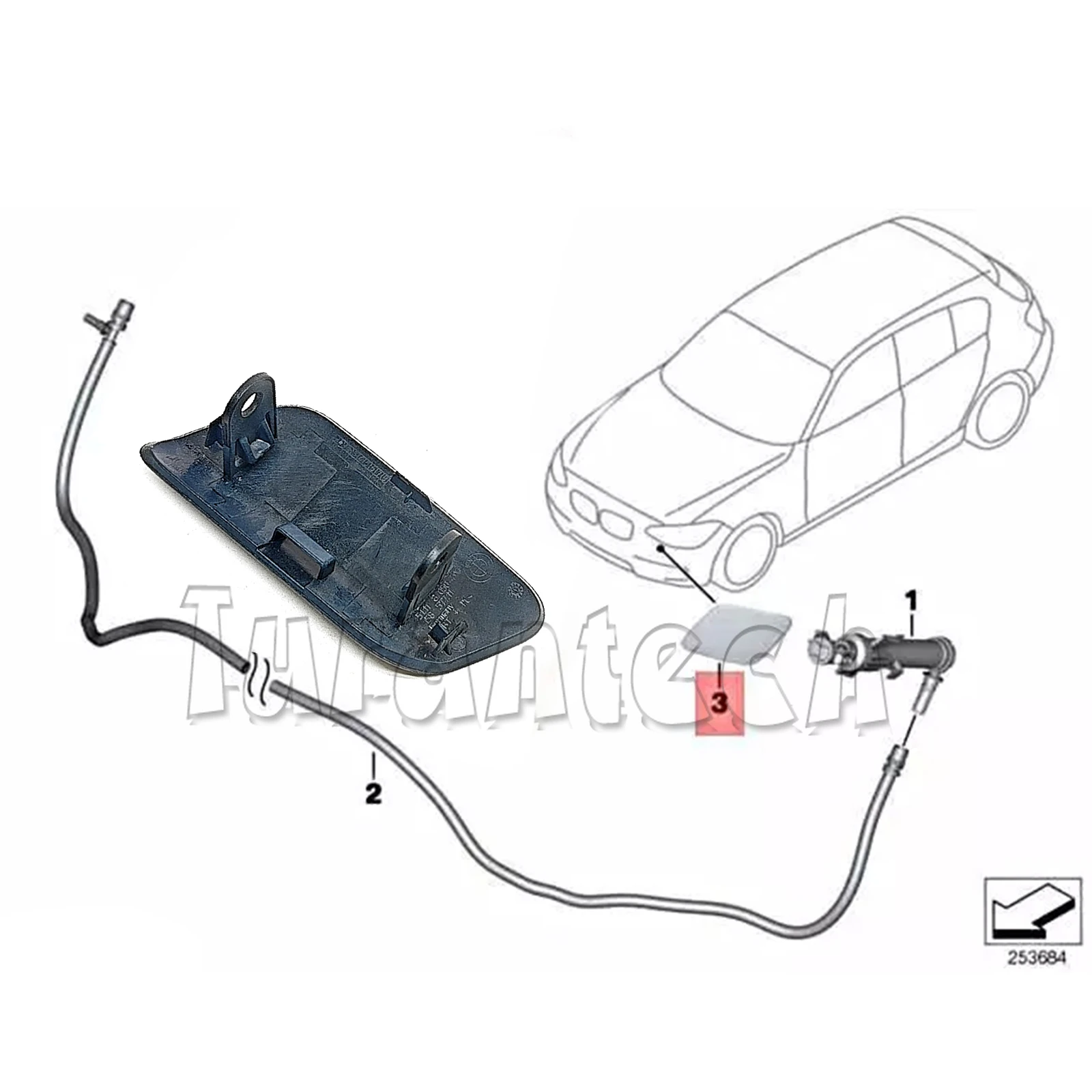 Buse Lave-Glace Phare BMW - Côté Conducteur Avant, Noir, Plastique - Référence 61677246087