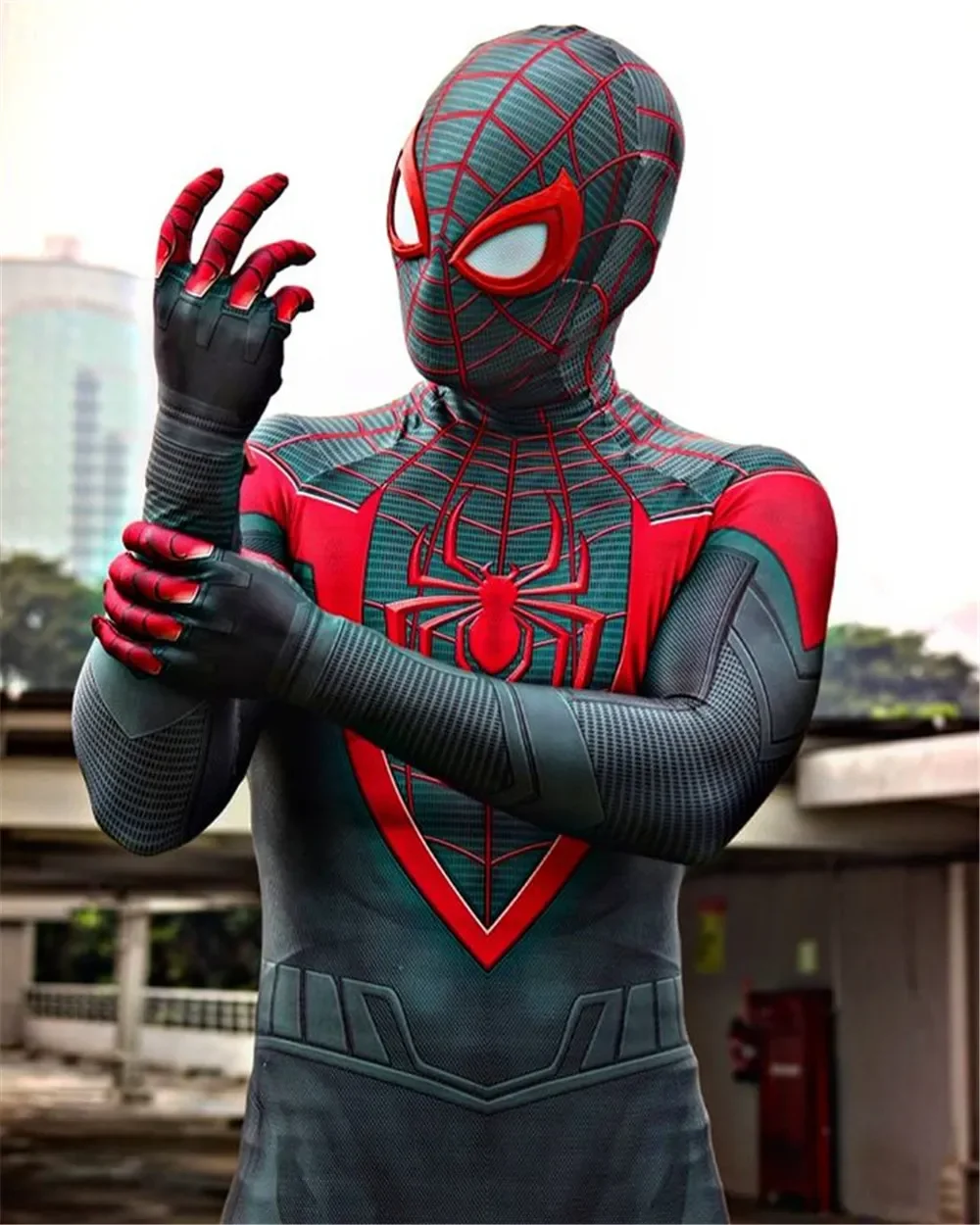Disfraz de Spiderman de Miles Morales para PS5, color negro y rojo, disfraz de Spiderman de Raim, traje de superhéroe Zentai, disfraces de Halloween para adultos