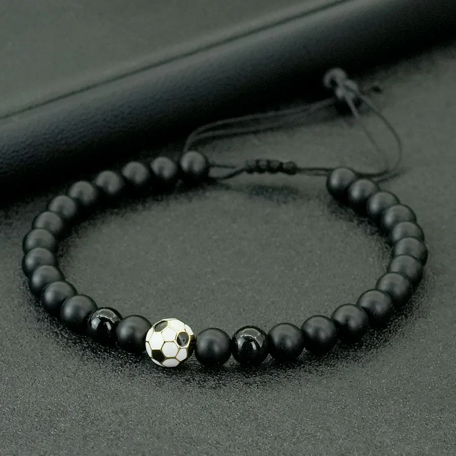 Natürliche Onyx Stein Fußball Seil Armband Männer Handgemachte Geflochtene Einstellbare Schnur 6mm Perlen Armband Sport Freizeit Homme Pulseria