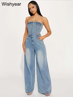 Women's Blue Denim Off-Shoulder Jumpsuit High Waist Slim Straight Wide Leg Pants Jeans Rompers Button Detail Streetwear Fashion