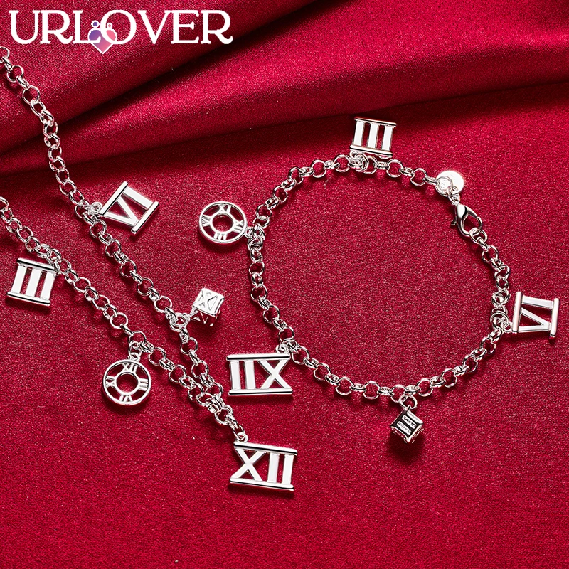 

URLOVER 2pcs/lot 925 Sterling Silver Roman Numeral Pendant Chain Necklace Bracelet Set For Woman Party Birthday Fashion Jewelry