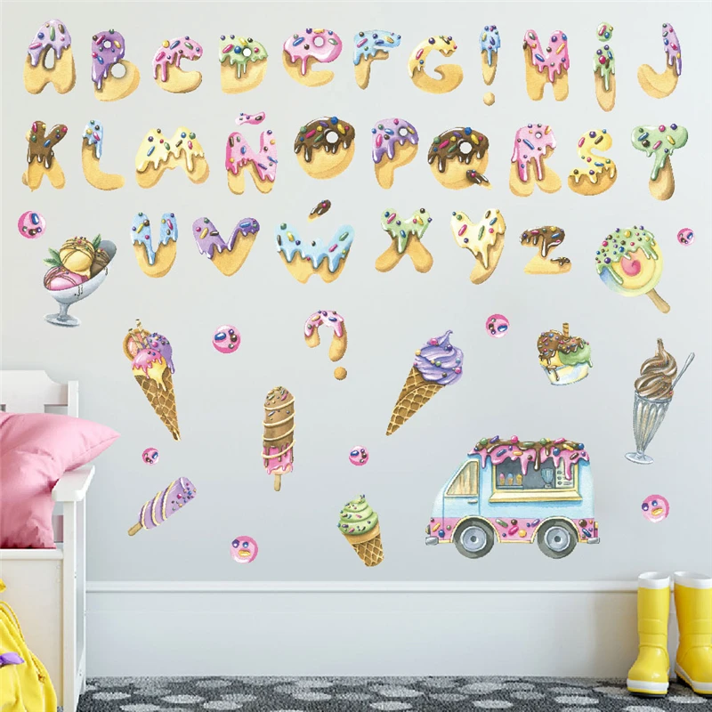 

Cute Ice Cream Desserts Letters Wall Stickers For Home Decoration Cartoon Alphabet Mural Art Kids Bedroom Decals Nursery Posters