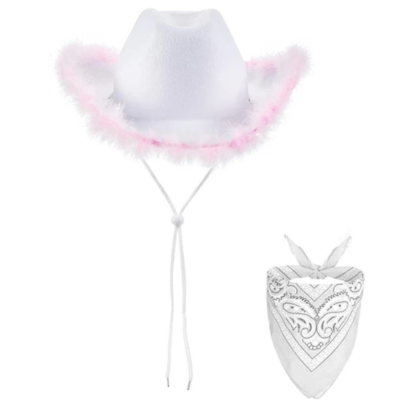 Cowboy Costume Set Western Wide Brims Cowgirl Hat Print Scarf Bandanas Adult NightClub Party Roleplay Headwear 2PCS