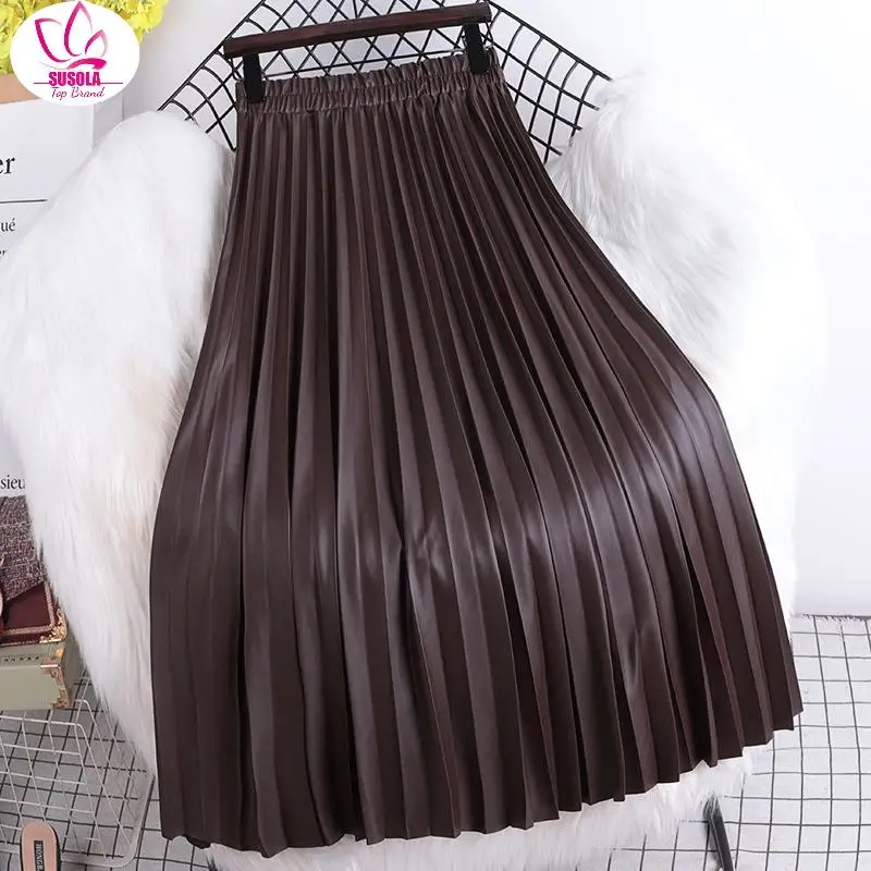 

SUSOLA Faux Leather Women Maxi Skirt Lady Autumn Winter Casual Solid PU A Line High Waist Pleated Long Skirt Female Ladies
