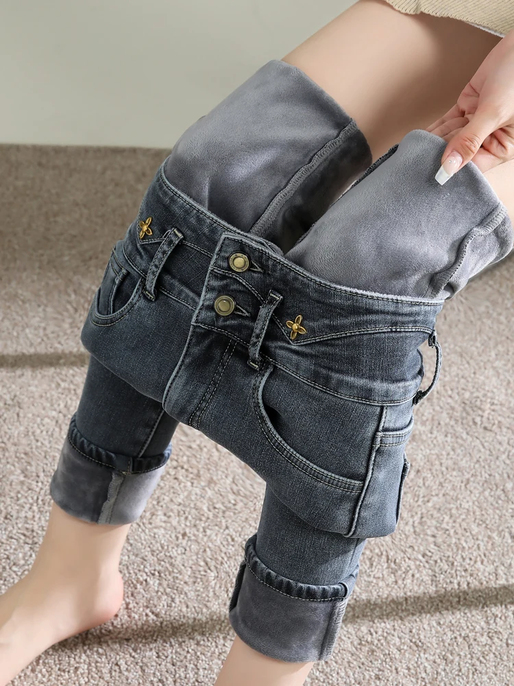 

Зимние плотные флисовые теплые облегающие винтажные джинсы с высокой талией на пуговицах повседневные Бархатные эластичные модные брюки-карандаш в Корейском стиле для женщин