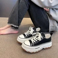 Women's Thick Bottom Canvas Shoes Spring Autumn New Style Heightening Breathable Casual Platform Board Shoes Black