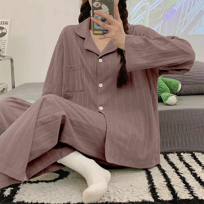 Spring Autumn Women's Pajamas Lapel Long Sleeve Cardigan Pants Two Piece Set Loose Fitting Home Clothing Girls Sweet Sleepwear