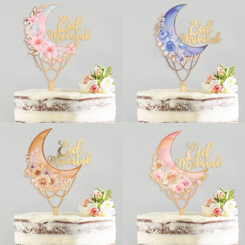 Eid Mubarak Acrylic Cake Topper Moon Flower Cake DIY Decoration Islamic Muslim Festival Party Supplies Eid Ramadan Gift Party Decorations Cake Toppers