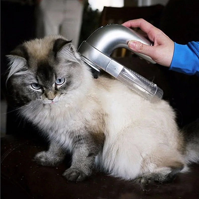 A long-haired grey and white cat being groomed with a portable pet hair vacuum to remove loose undercoat fur and dander.