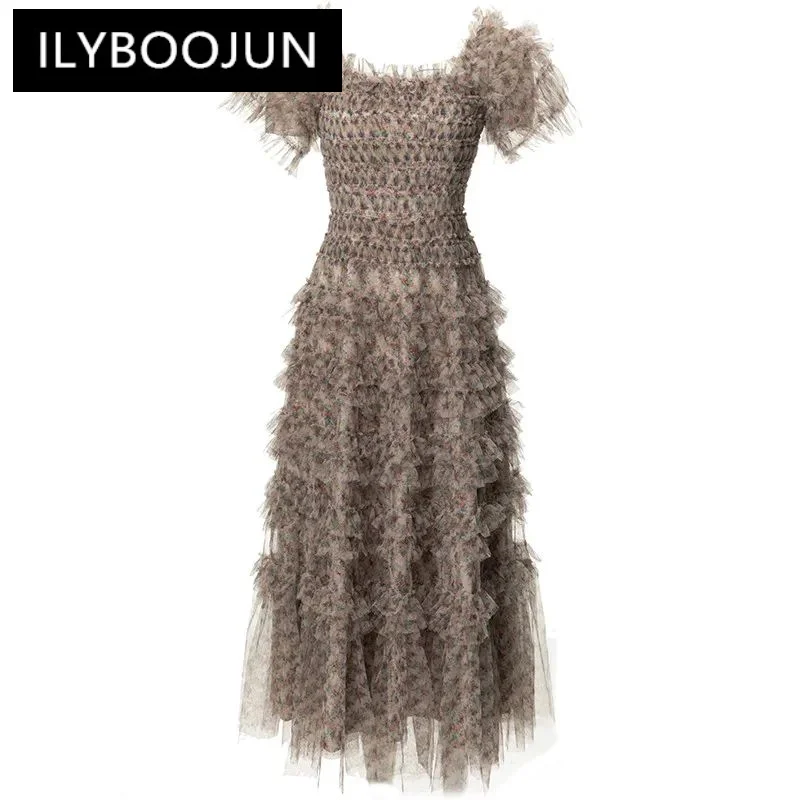 

ILYBOOJUN Fashion Designer spring Summer Women's Slash Neck Short Sleeve Mesh Flounced Edge Elegant Printed Dresses