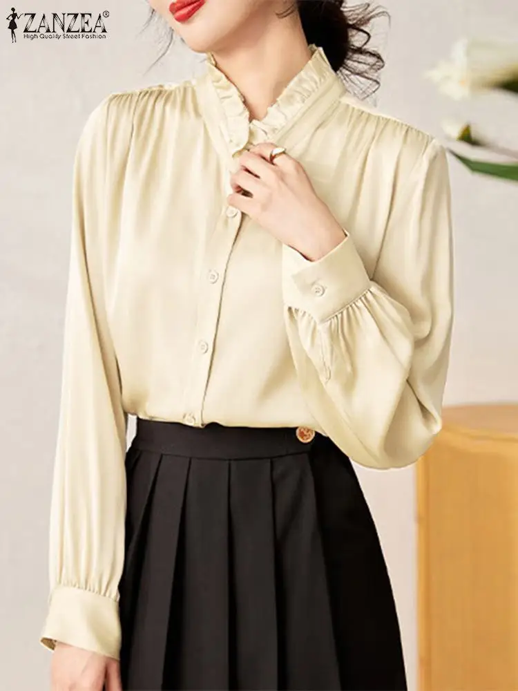 

ZANZEA 2023 Korean Stain Blouse Women Pleated Autumn Fungus Ruffled Stand Collar Shirts Elegant Buttons Long Lantern Sleeve Tops