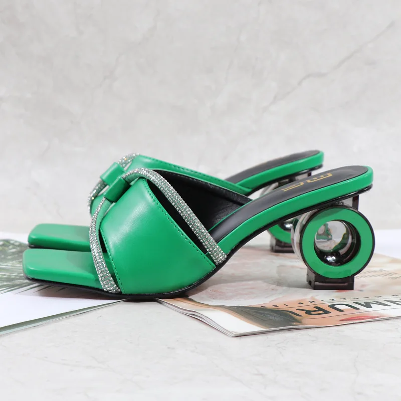 Summer New Fashion Round with Flip-flops Square Head Rhinestones Large Size High Heel Lady's Slippers Shoes Women 2022