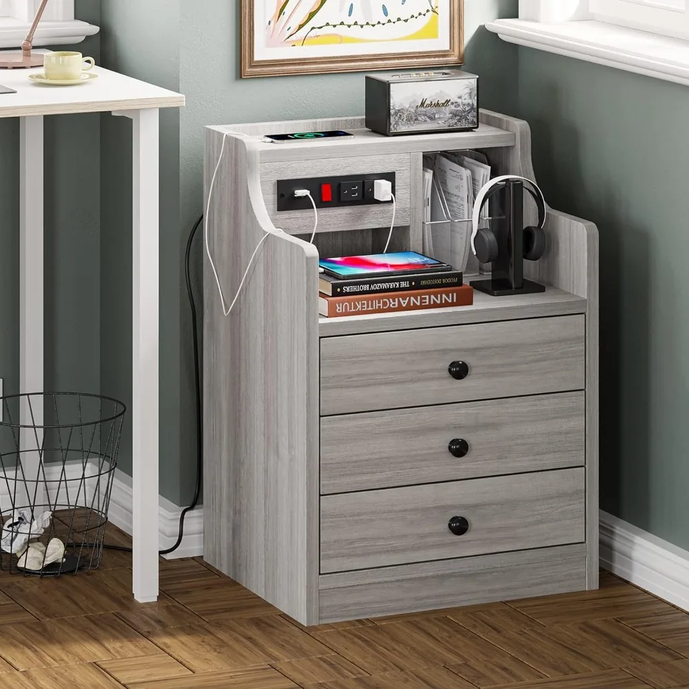 Nightstand set of 2 gray nightstand with charging station & hutch for bedrooms bedside table