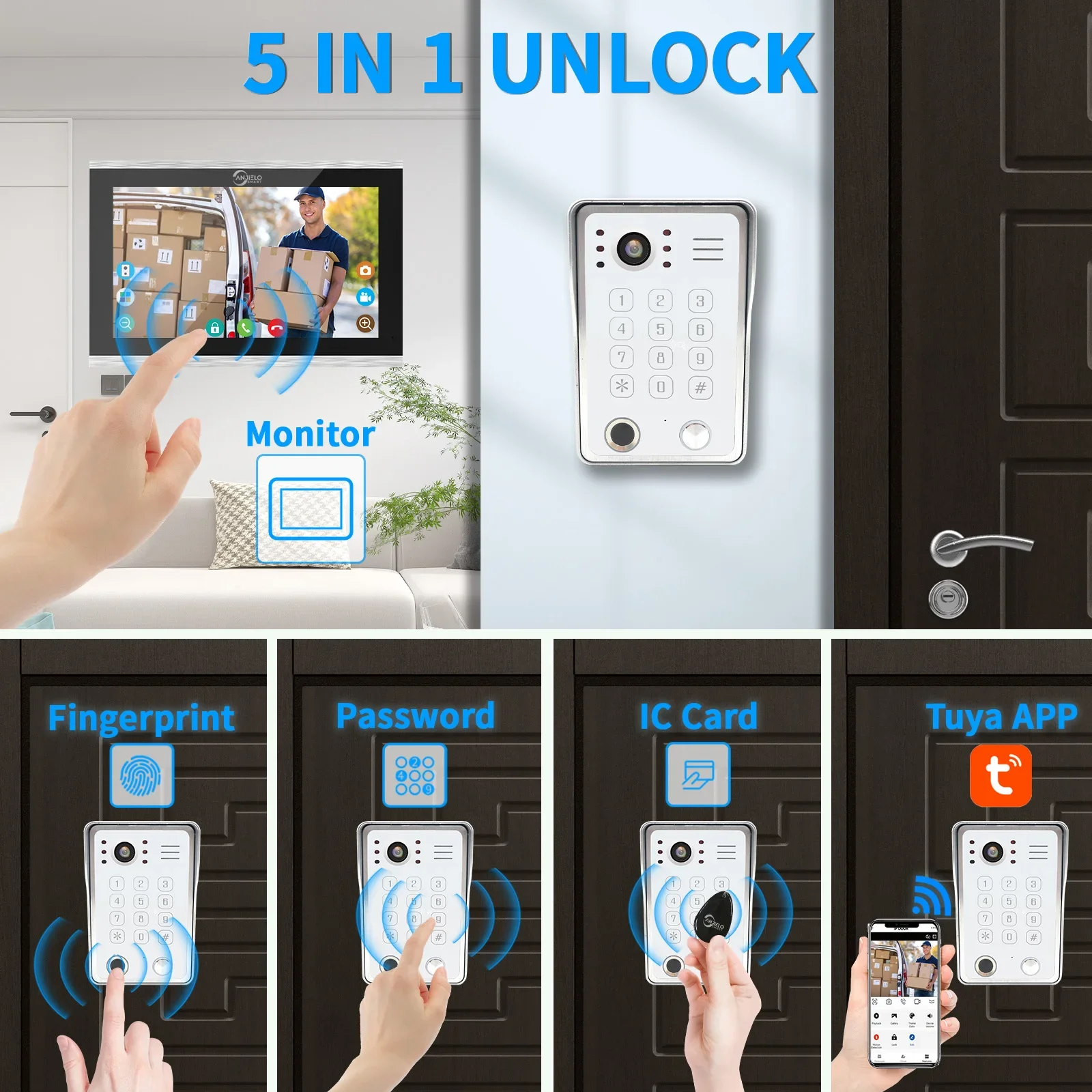 ANJIELO Fingerprint 5in1 Unlock Doorbell Video Intercom System for Home Visual D