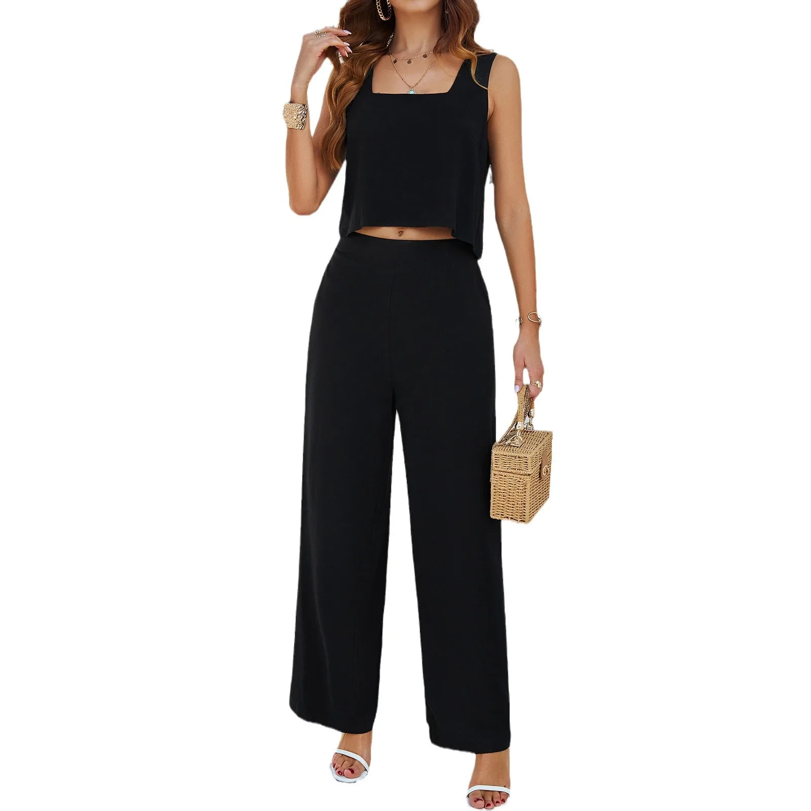 High Quality Women's Clothing 2024 Spring summer Casual Temperament Sleeveless Square Neck Vest Elastic Waist Long Pants Set Y2k