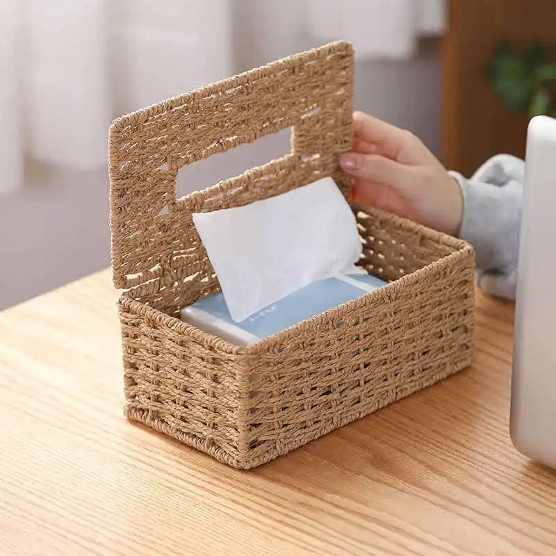 New Woven Tissue Box Imitation Rattan Woven Grass Tissue Storage Box Luxury Tissue Paper Holder Home Living RoomTable Decoration 2