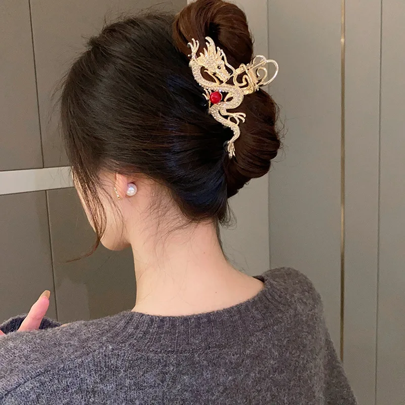 New Chinese Style Dragon Rhinestones Hair Claw Clips for Women Hairpin with Red Imitation Pearl Grab Clip Temperament Shark Clip