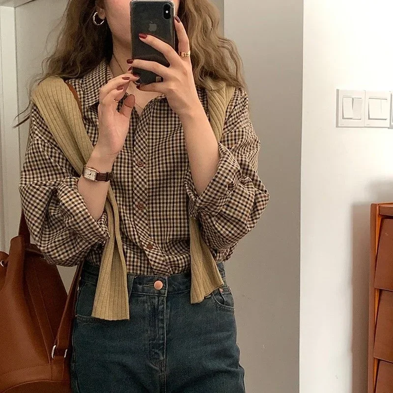 

Shirt Women Brown Plaid Vintage Simple Elegant Female Long Sleeve Preppy Style Tops All-match Turn-down Collar Wooden-Buttons