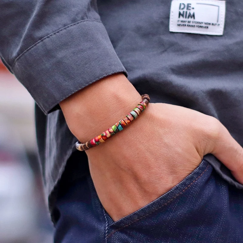 Natural Wood Beaded Men Bracelet with Hematite Stone