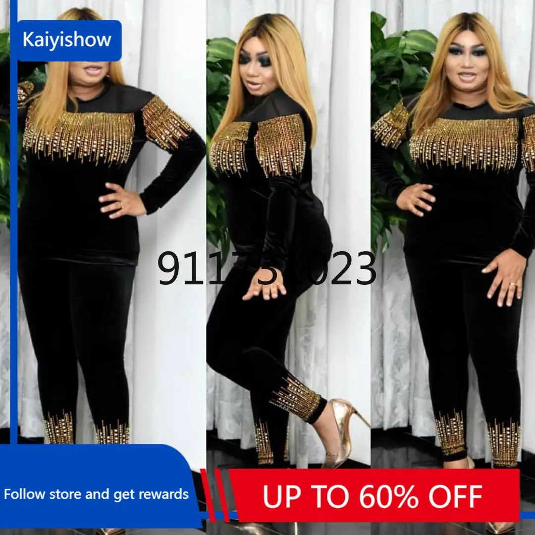 

African Clothes for Women Spring and Autumn 2023 African Women Long Sleeve Black Two Pieces Sets Top and Pant African Clothing