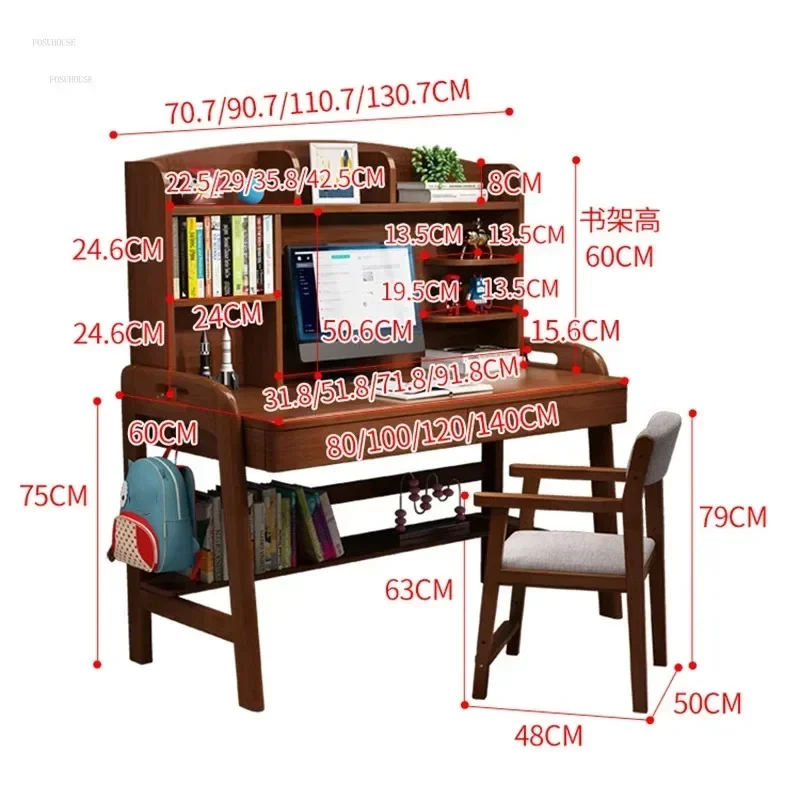 Solid Wood Children Tables Learning Desk Simple Integrated Desk and Bookshelf Modern Student Home Bedroom Writing Chair