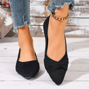 New Style Pointed Toe Shallow Mouth Breathable Bow Decoration Fashionable and Elegant Casual Flat Shoes for Women Zapatos Mujer 1