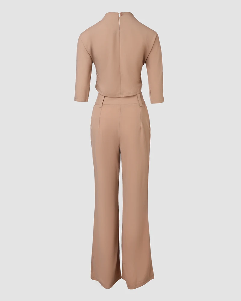 Elegantes 2-teiliges Damen-Büro-Outfit-Set mit Stehkragen, bauchfreies Oberteil und geknöpfter Hose mit Tasche, passende Sets für Damen-Arbeitskleidung – Detail 8