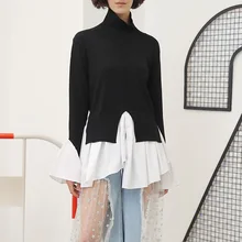 

2022 Spring Patchwork Pullovers Knitted Sweater For Women Turtleneck Flare Sleeve Irregular Female Jumper Sweaters