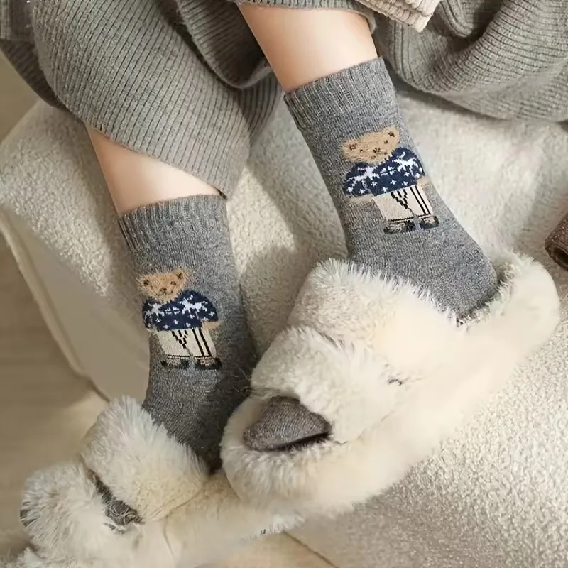 Socks for Girls Cartoon Little Bear Mid-Calf Socks Thickened for Autumn and Winter Warm Wool Slouch Socks