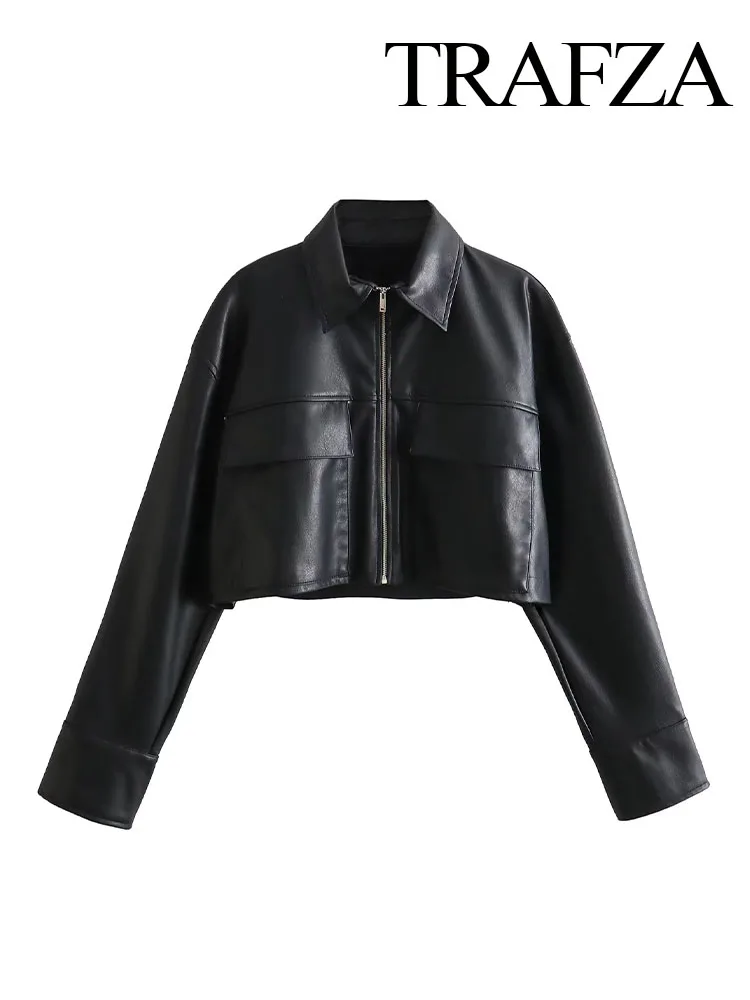 

TRAFZA Spring Fashion Women Shirts Black Turn-Down Collar Imitation Leather Long Sleeves Pockets Zipper Female Vintage Tops