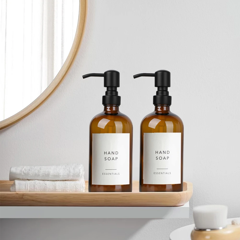 Amber Glass Soap Dispenser with Black Pump, Liquid Hand Soap Dispenser for Bathroom, Kitchen Dish Soap Dispenser, 2pc 16Oz 500ml 6