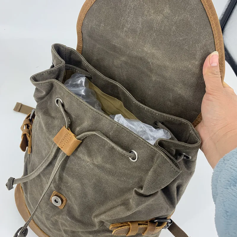 Waxed Canvas Vintage Backpack Men Bag Waterproof Outdoor Travel Flap Pocket Drawstring Large Computer Laptop Bagpack School Bags