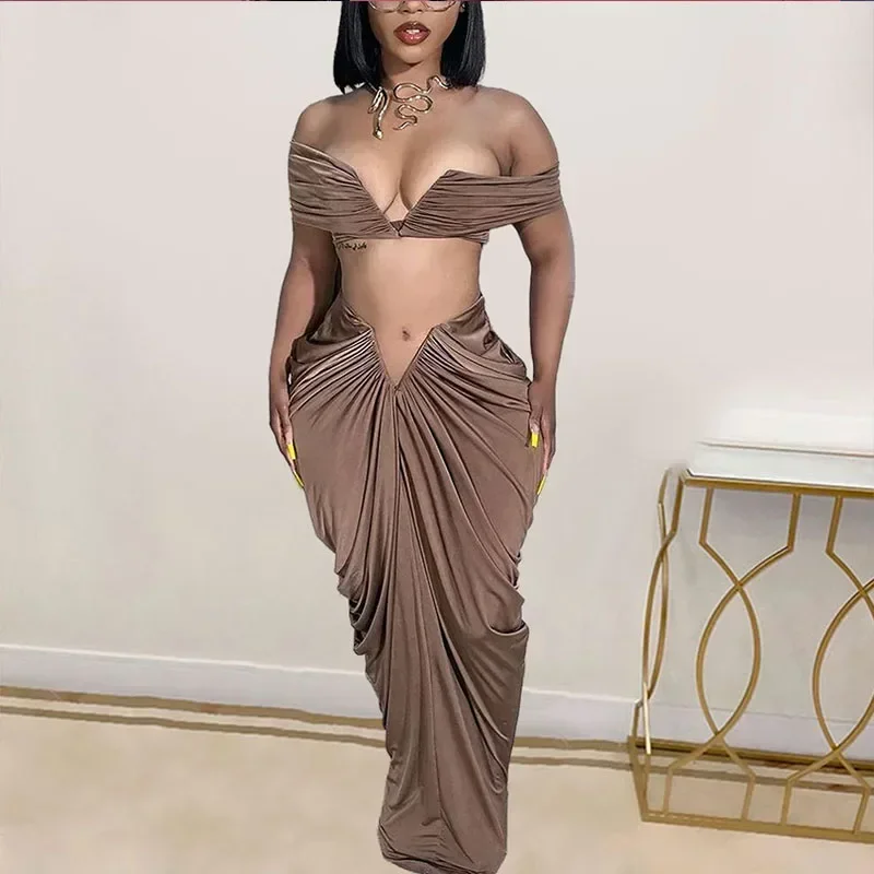 thumbnail image 1 of Conjuntos de vestido largo fruncido de noche de fiesta sexy para mujer, conjunto de dos piezas, conjuntos para club rave, top corto con cuello oblicuo y falda larga, conjuntos a juego, 1 of 5