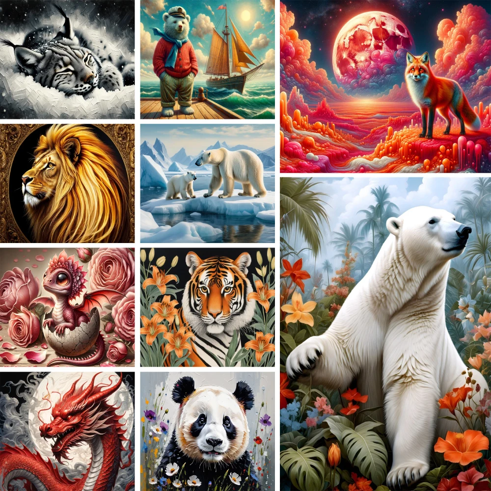 Animal Panda Dragon Printed Fabric Cross-Stitch Full Kit DIY Embroidery Handmade Knitting Craft Handiwork Jewelry Needle Floss