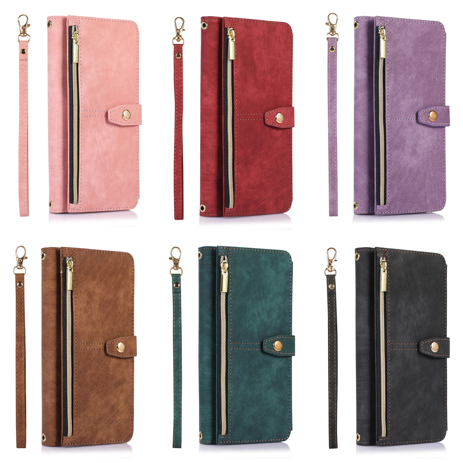 Elegant Crossbody Leather Phone Case with Long Lanyard and Zipper Wallet
