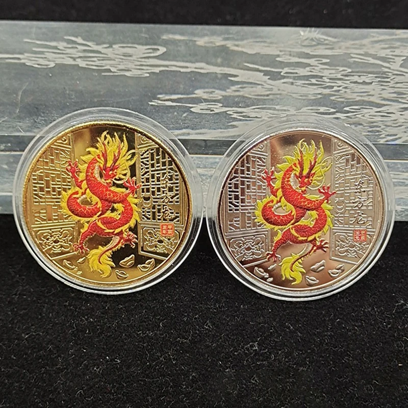 

2024 Traditional Chinese Commemorative Coin Collection Dragon Painted Metal Badge Symbolize Good Fortune New Year Gift 40mm dia