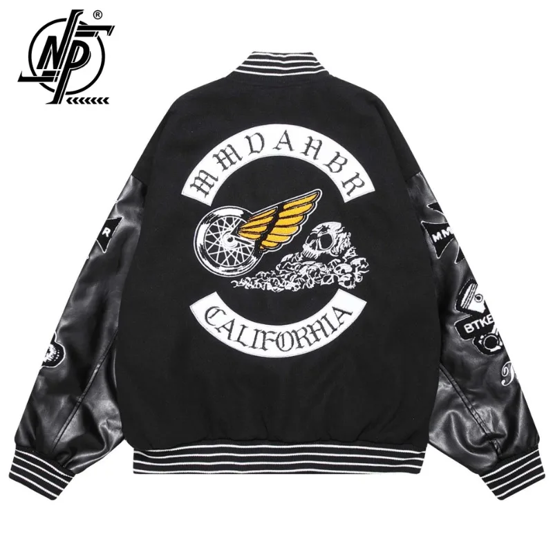 

Куртка-бомбер мужская в стиле хип-хоп, винтажная Байкерская бейсбольная куртка из искусственной кожи с надписью и вышивкой скелета, пальто свободного покроя для пар