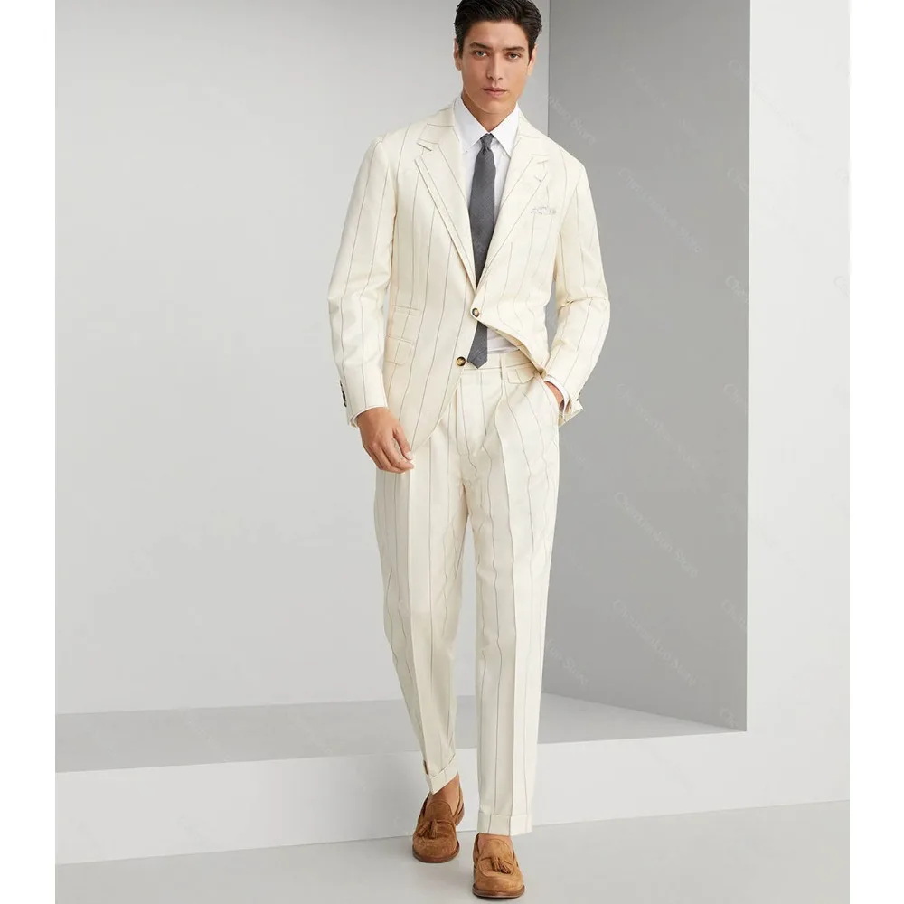 Fashion Wide Striped Men Suits Two Piece Notched Lapel Single Breasted Outfits Formal Business Casual Suit (Blazer + Pants)